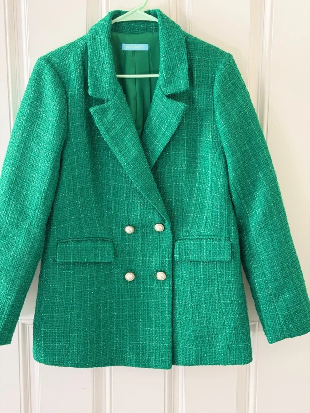 Emerald Green Tweed Double-Breasted Blazer Jacket